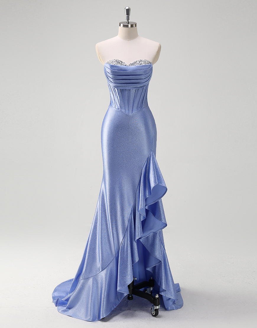 Grey Blue Mermaid Strapless Rhinestones Corset Satin Long Prom Dress with Ruffles Slit