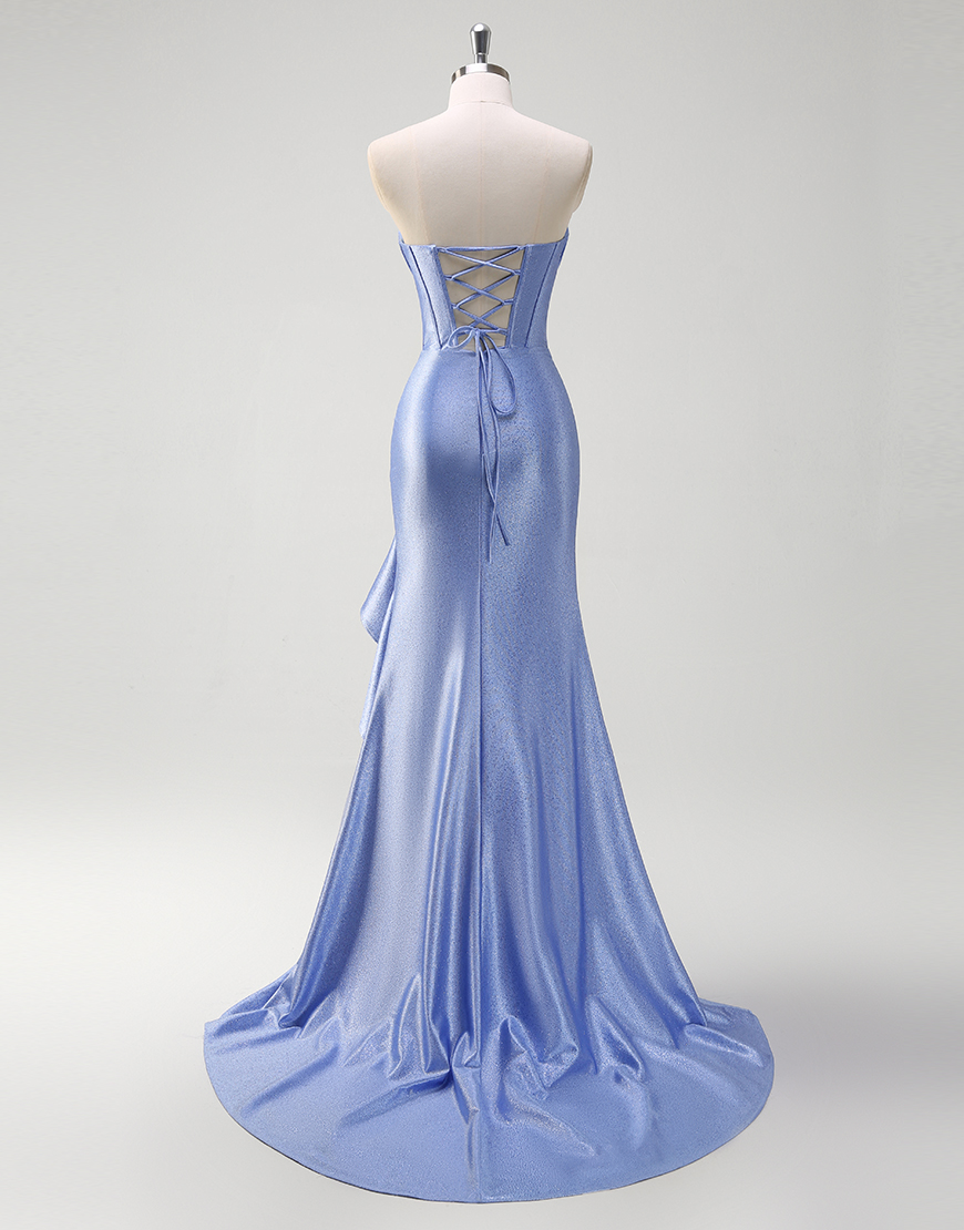 Grey Blue Mermaid Strapless Rhinestones Corset Satin Long Prom Dress with Ruffles Slit