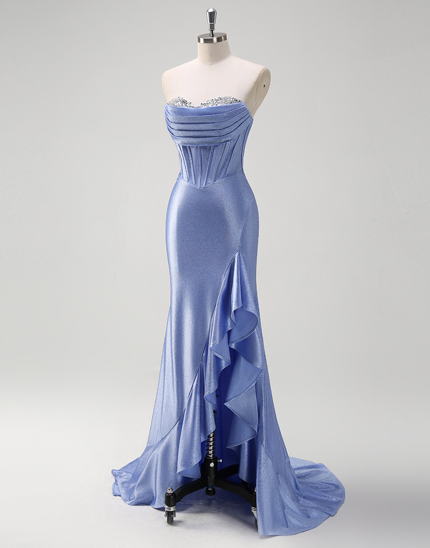 Grey Blue Mermaid Strapless Rhinestones Corset Satin Long Prom Dress with Ruffles Slit