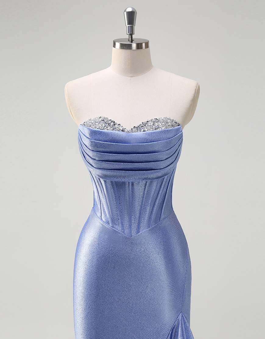 Grey Blue Mermaid Strapless Rhinestones Corset Satin Long Prom Dress with Ruffles Slit