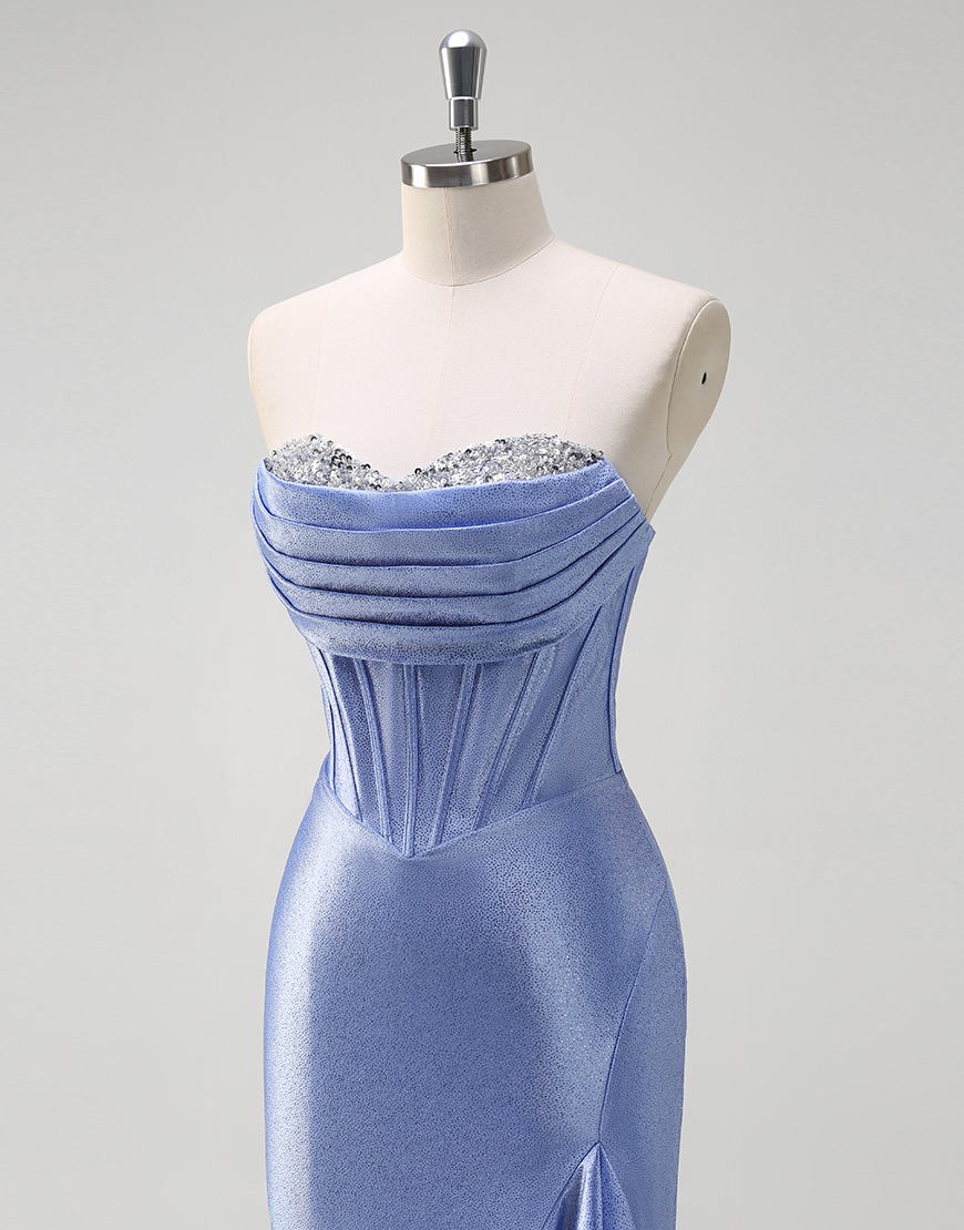 Grey Blue Mermaid Strapless Rhinestones Corset Satin Long Prom Dress with Ruffles Slit