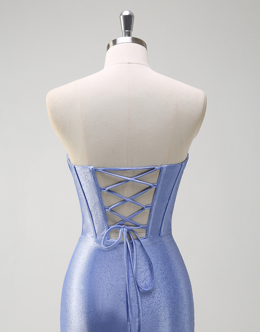 Grey Blue Mermaid Strapless Rhinestones Corset Satin Long Prom Dress with Ruffles Slit