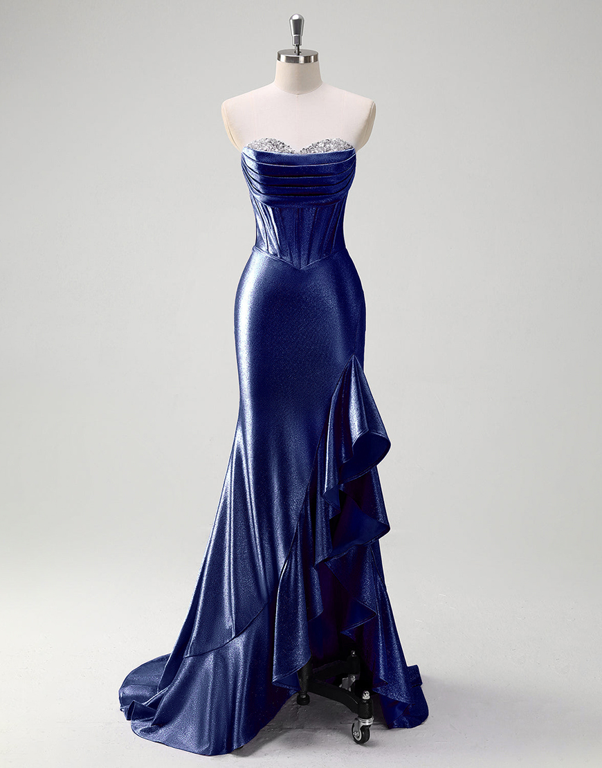 Grey Blue Mermaid Strapless Rhinestones Corset Satin Long Prom Dress with Ruffles Slit