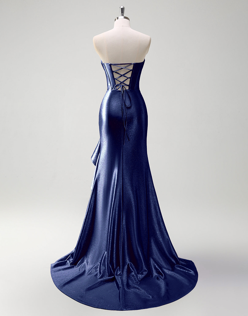 Grey Blue Mermaid Strapless Rhinestones Corset Satin Long Prom Dress with Ruffles Slit