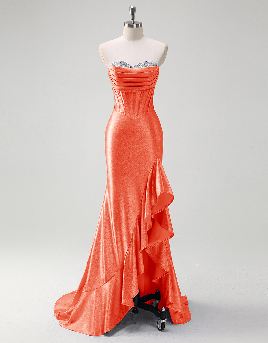 Grey Blue Mermaid Strapless Rhinestones Corset Satin Long Prom Dress with Ruffles Slit