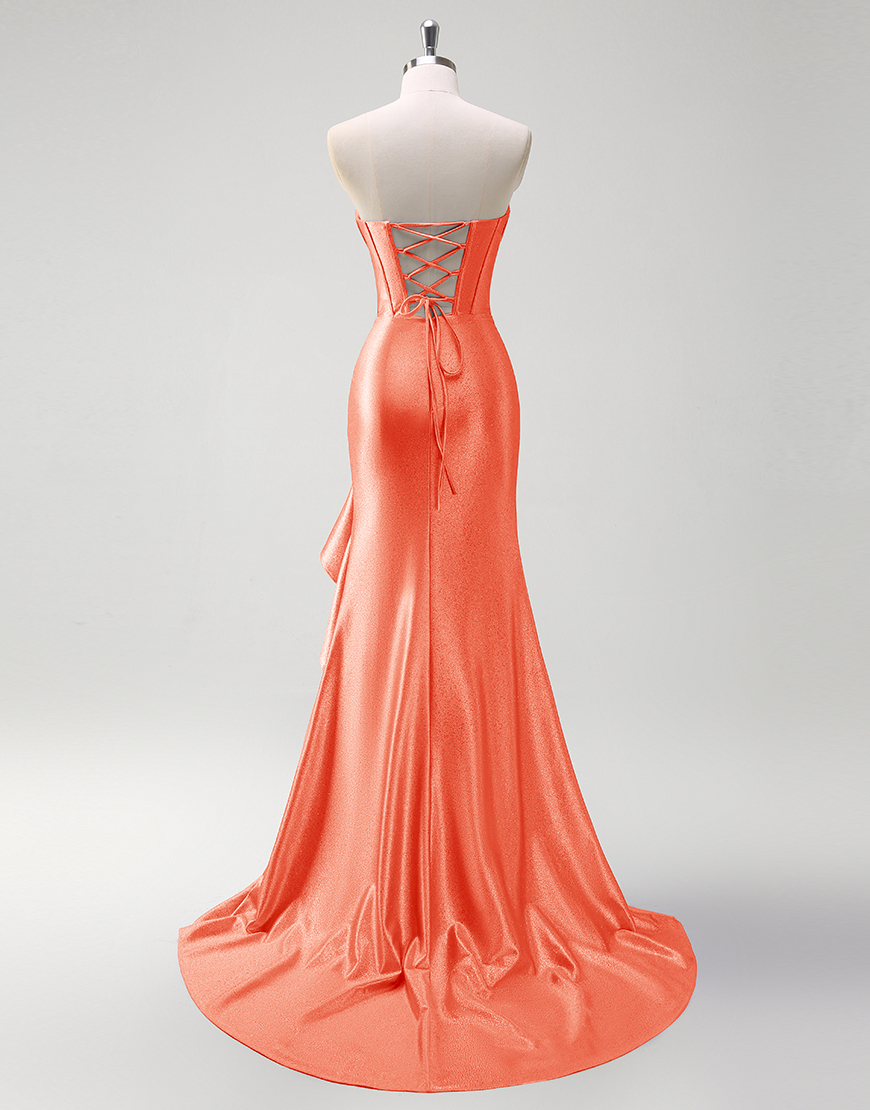 Grey Blue Mermaid Strapless Rhinestones Corset Satin Long Prom Dress with Ruffles Slit