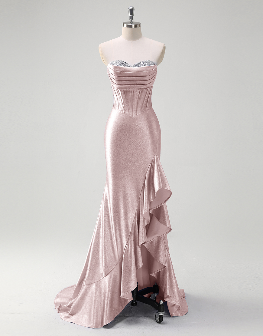 Grey Blue Mermaid Strapless Rhinestones Corset Satin Long Prom Dress with Ruffles Slit