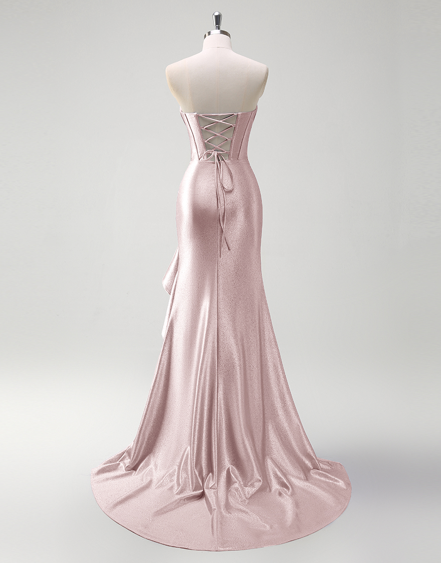 Grey Blue Mermaid Strapless Rhinestones Corset Satin Long Prom Dress with Ruffles Slit