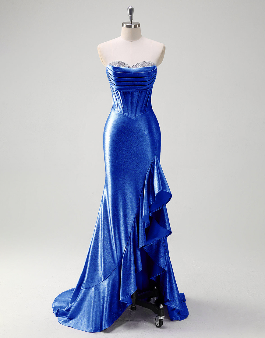 Grey Blue Mermaid Strapless Rhinestones Corset Satin Long Prom Dress with Ruffles Slit