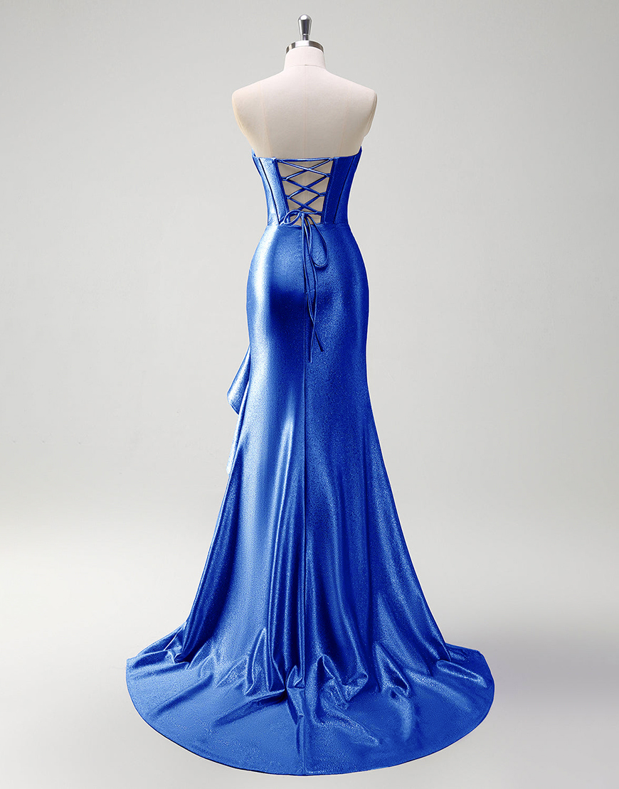 Grey Blue Mermaid Strapless Rhinestones Corset Satin Long Prom Dress with Ruffles Slit