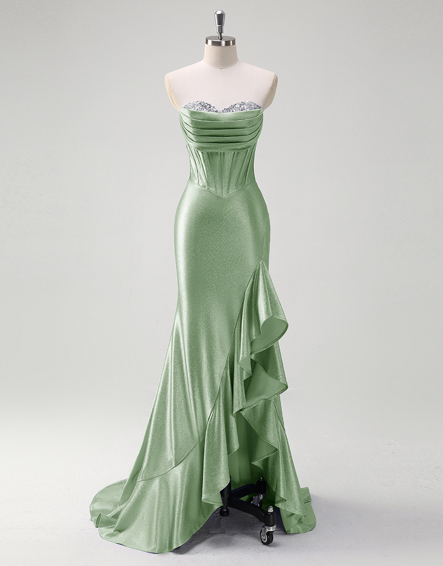 Grey Blue Mermaid Strapless Rhinestones Corset Satin Long Prom Dress with Ruffles Slit