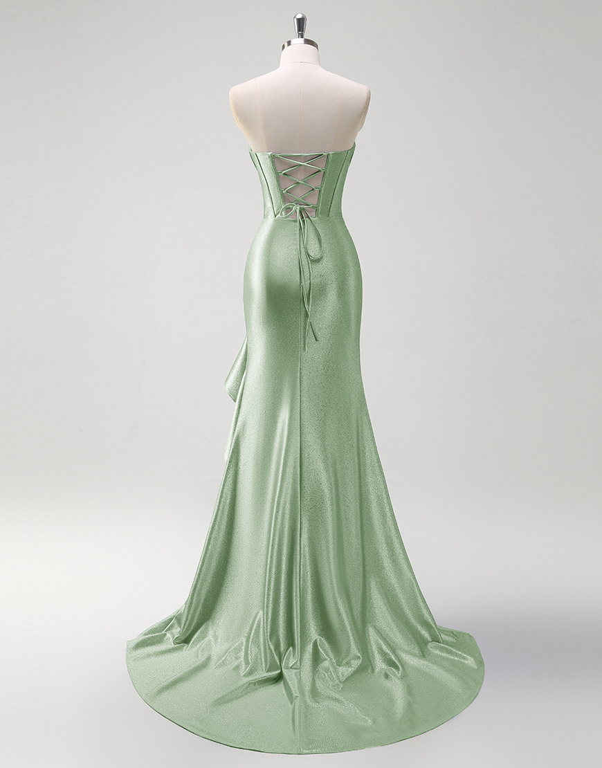 Grey Blue Mermaid Strapless Rhinestones Corset Satin Long Prom Dress with Ruffles Slit