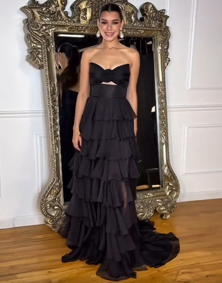Berlinnova Women Black Long Prom Dress A-Line Strapless Flower Ruffles Pageant Dress with Slit