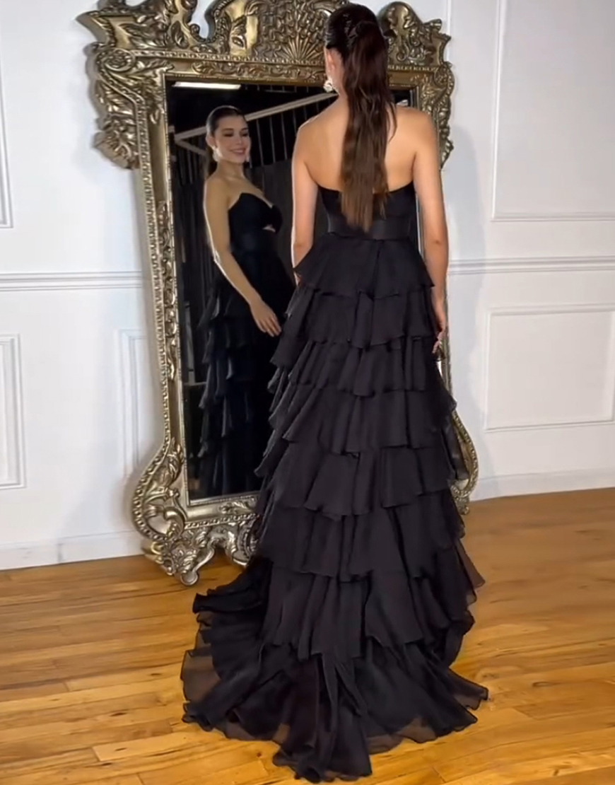 Berlinnova Women Black Long Prom Dress A-Line Strapless Flower Ruffles Pageant Dress with Slit