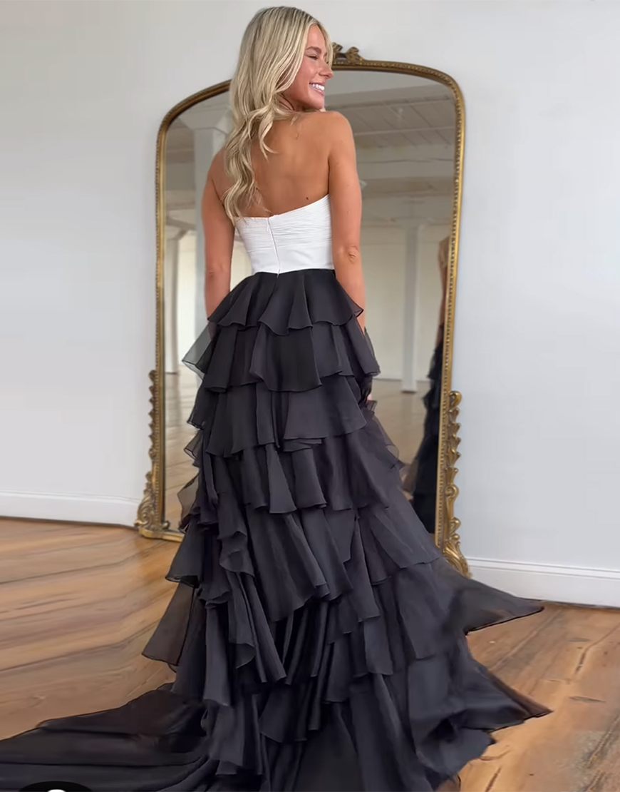 Berlinnova Women Black White Long Prom Dress A-Line Strapless Flower Ruffles Pageant Dress with Slit