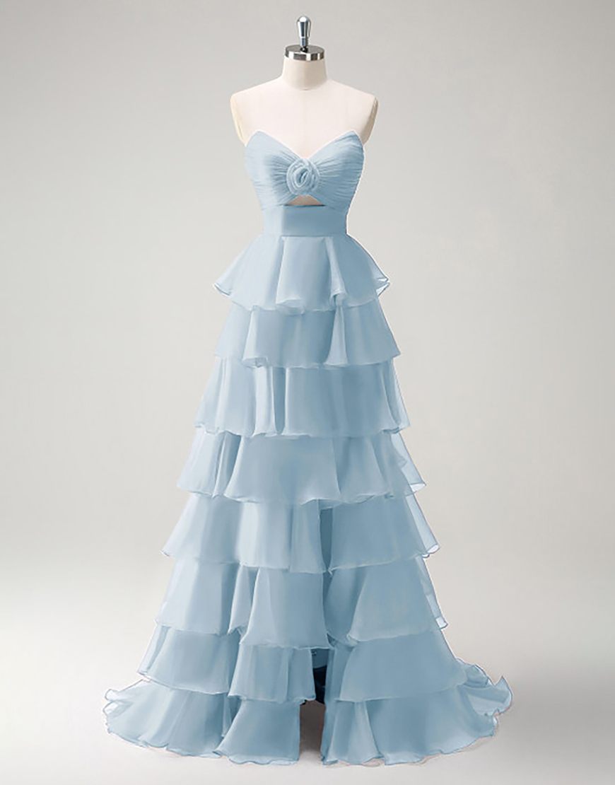 Berlinnova Women Blue Long Prom Dress A-Line Strapless Flower Ruffles Pageant Dress with Slit