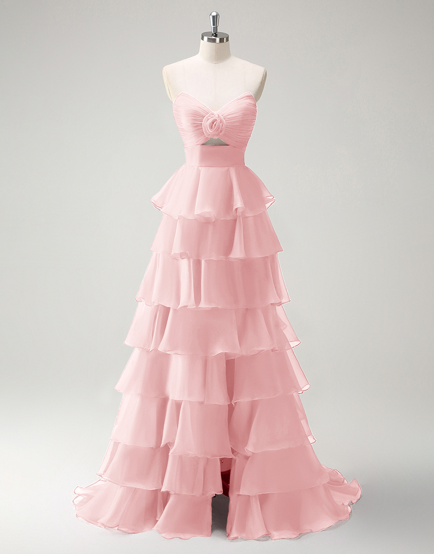 Berlinnova Women Blush Long Prom Dress A-Line Strapless Flower Ruffles Pageant Dress with Slit