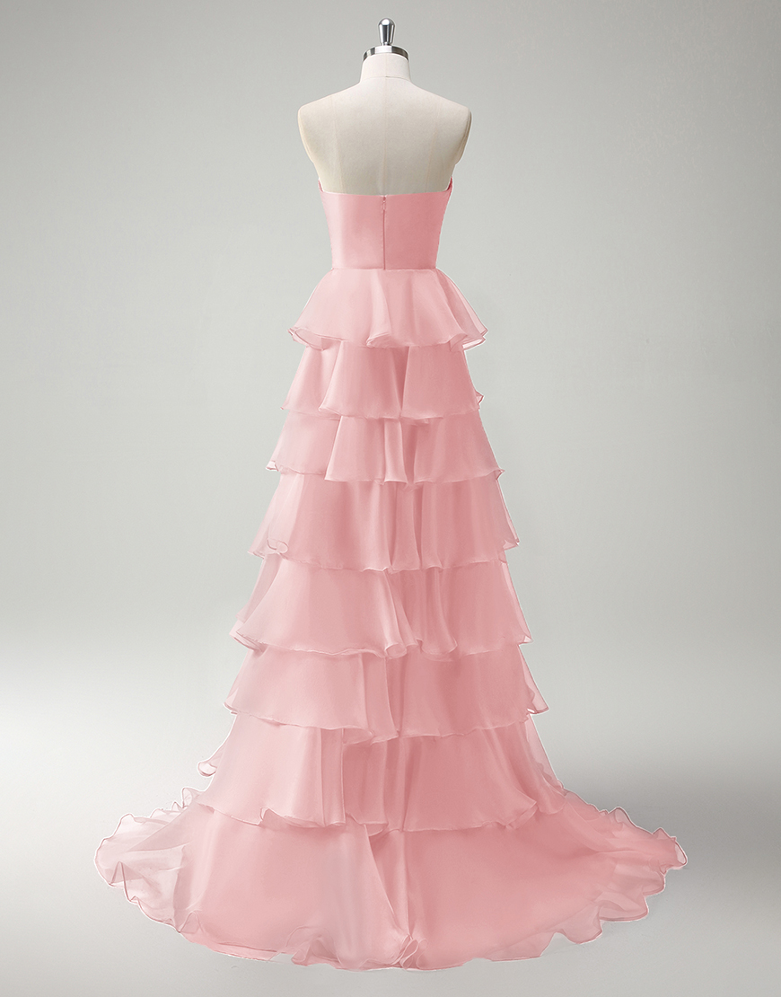 Berlinnova Women Blush Long Prom Dress A-Line Strapless Flower Ruffles Pageant Dress with Slit