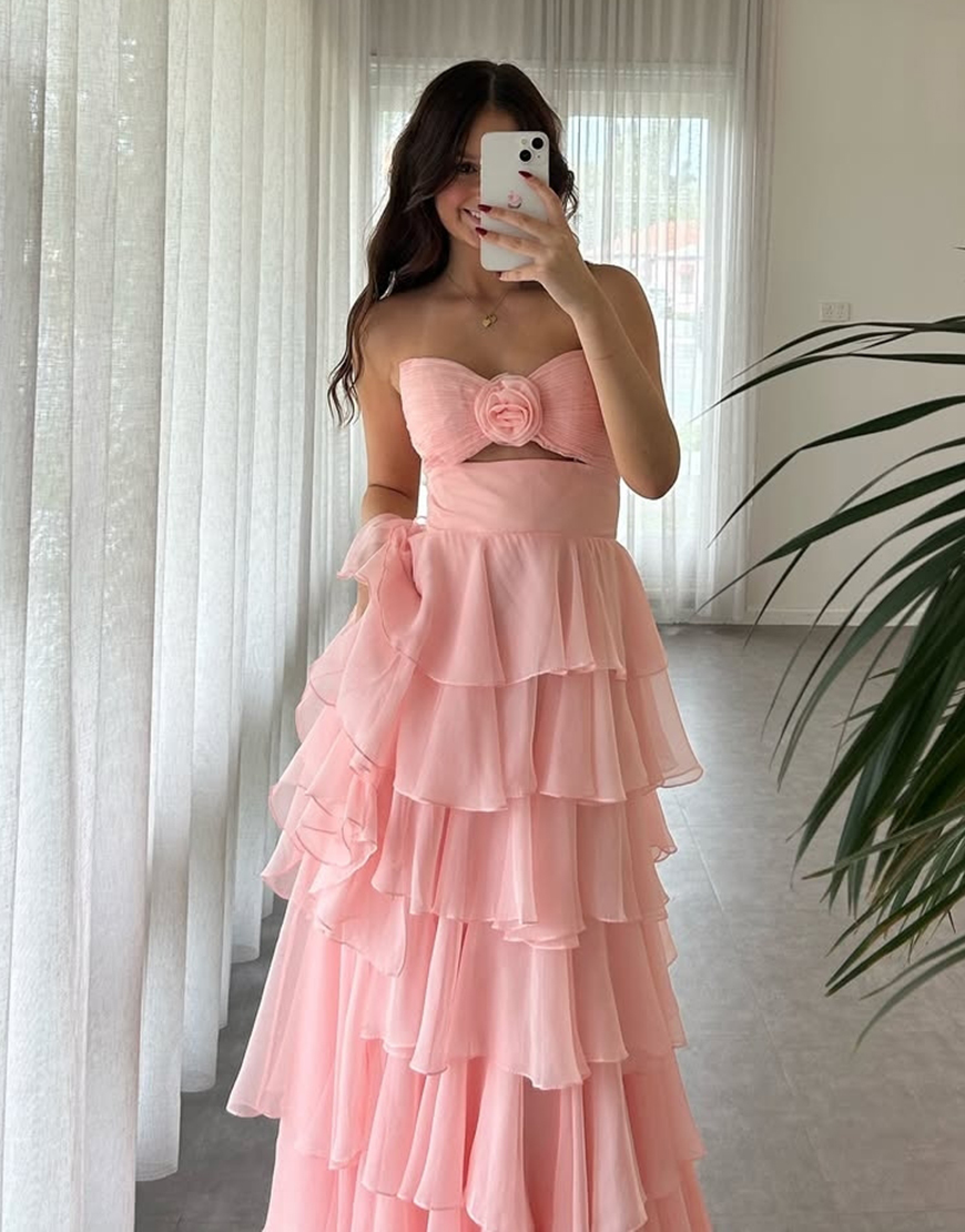 Black A-Line Strapless Flowers Ruffles Chiffon Long Prom Dress with Slit 