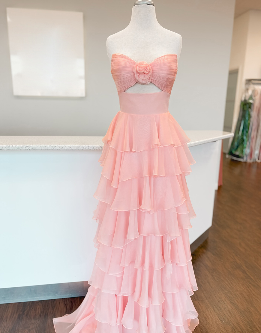 Berlinnova Women Blush Long Prom Dress A-Line Strapless Flower Ruffles Pageant Dress with Slit