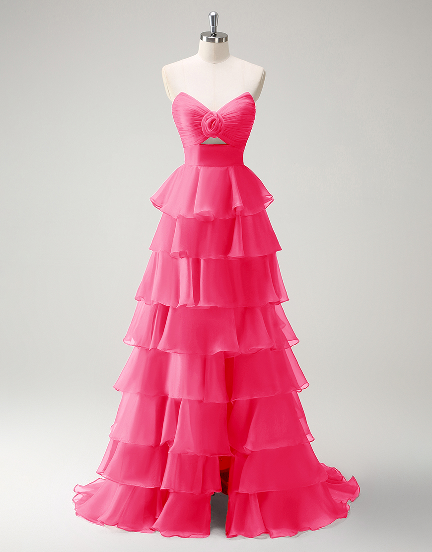 Berlinnova Women Coral Long Prom Dress A-Line Strapless Flower Ruffles Pageant Dress with Slit