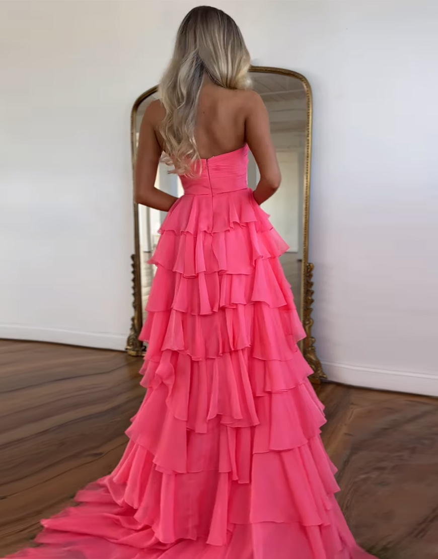 Berlinnova Women Coral Long Prom Dress A-Line Strapless Flower Ruffles Pageant Dress with Slit