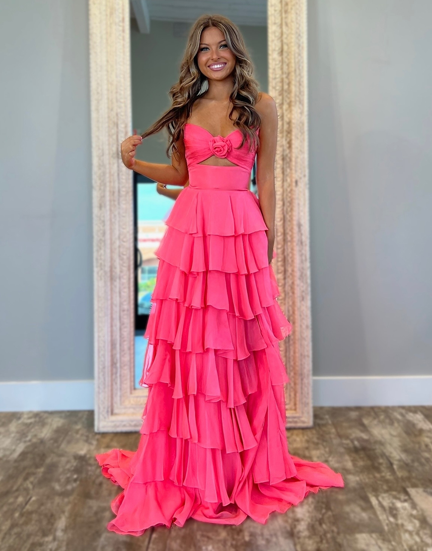 Berlinnova Women Coral Long Prom Dress A-Line Strapless Flower Ruffles Pageant Dress with Slit