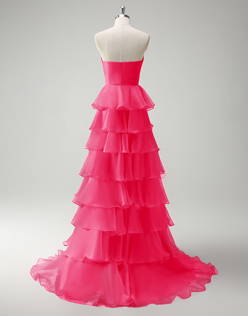 Berlinnova Women Coral Long Prom Dress A-Line Strapless Flower Ruffles Pageant Dress with Slit