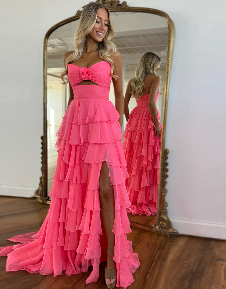 Berlinnova Women Coral Long Prom Dress A-Line Strapless Flower Ruffles Pageant Dress with Slit