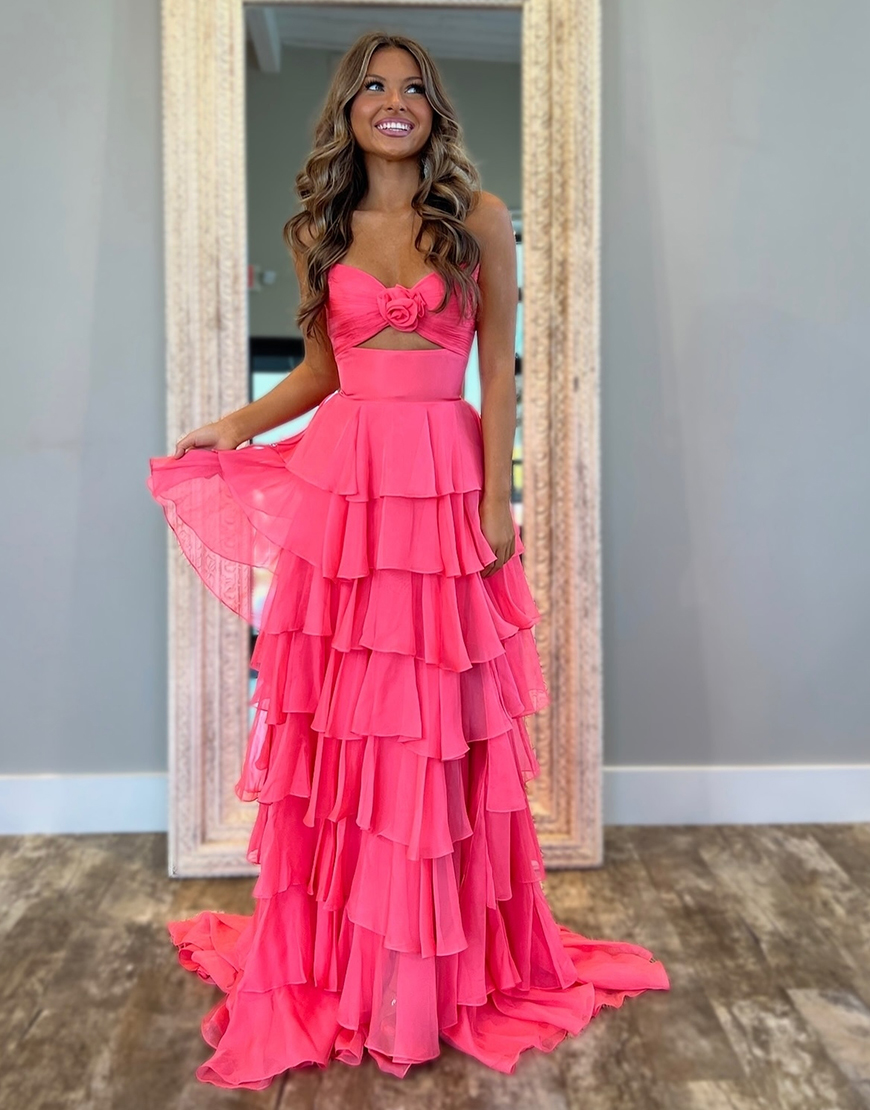 Berlinnova Women Coral Long Prom Dress A-Line Strapless Flower Ruffles Pageant Dress with Slit