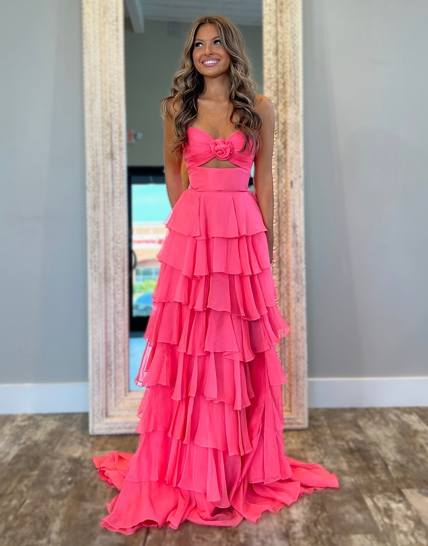 Berlinnova Women Coral Long Prom Dress A-Line Strapless Flower Ruffles Pageant Dress with Slit
