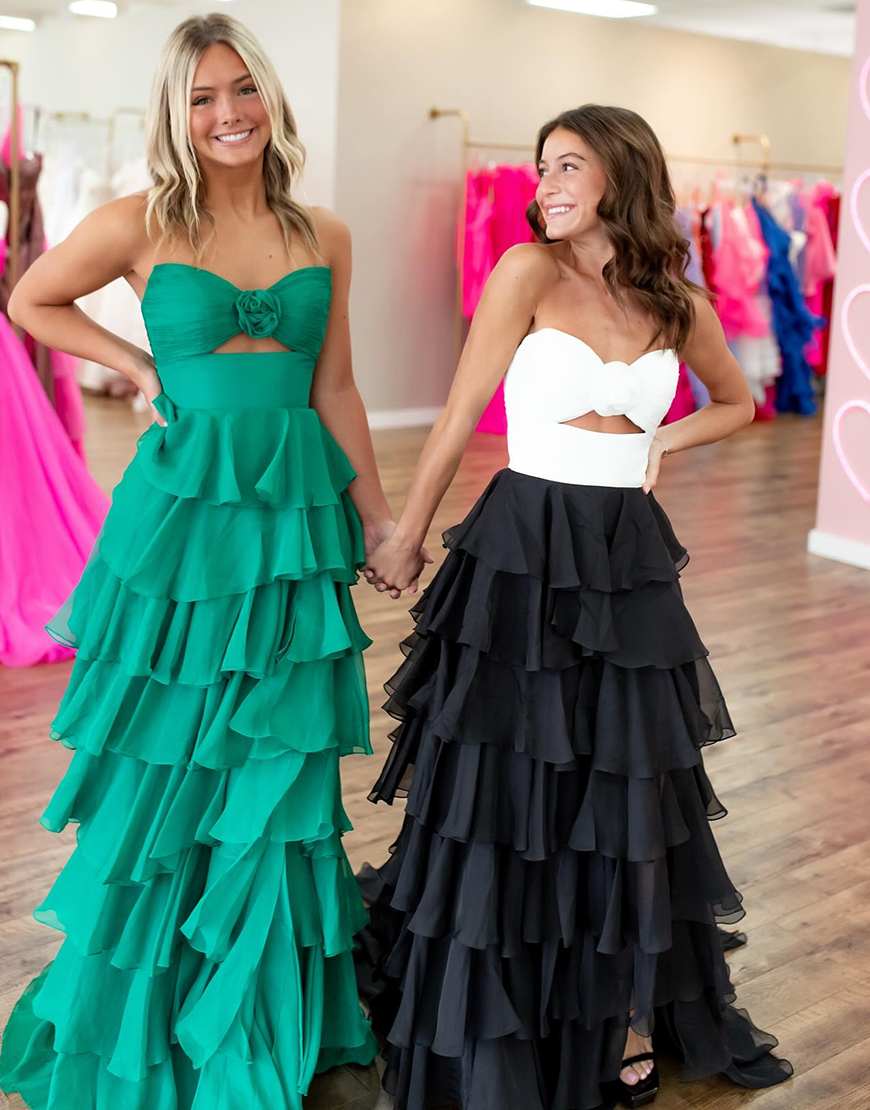 Berlinnova Women Emerald Green Long Prom Dress A-Line Strapless Flower Ruffles Pageant Dress with Slit