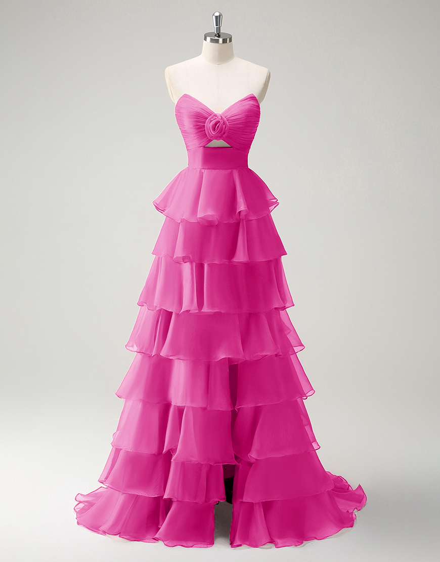 Berlinnova Women Fuchsia Long Prom Dress A-Line Strapless Flower Ruffles Pageant Dress with Slit