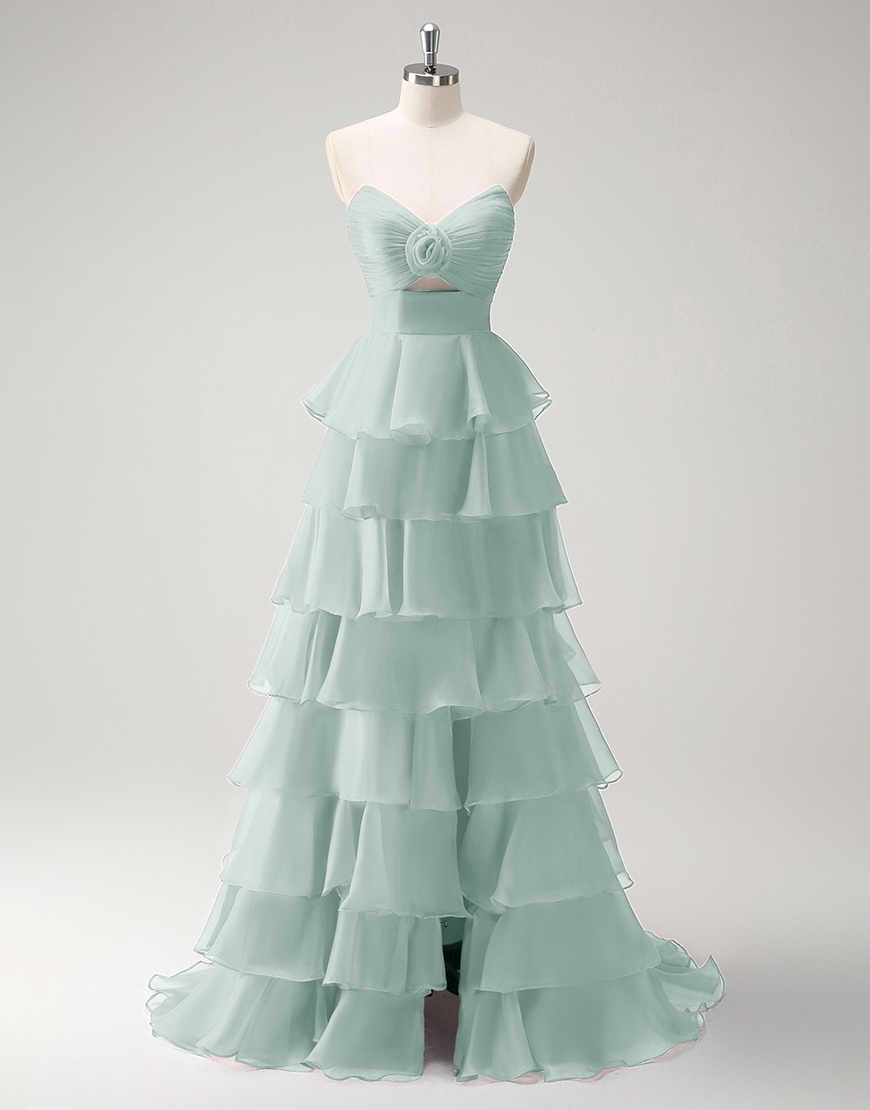 Berlinnova Women Green Long Prom Dress A-Line Strapless Flower Ruffles Pageant Dress with Slit