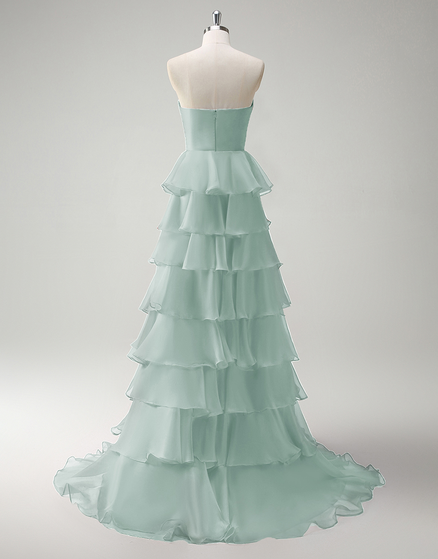 Berlinnova Women Green Long Prom Dress A-Line Strapless Flower Ruffles Pageant Dress with Slit