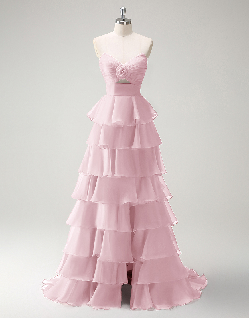 Berlinnova Women Grey Pink Long Prom Dress A-Line Strapless Flower Ruffles Pageant Dress with Slit