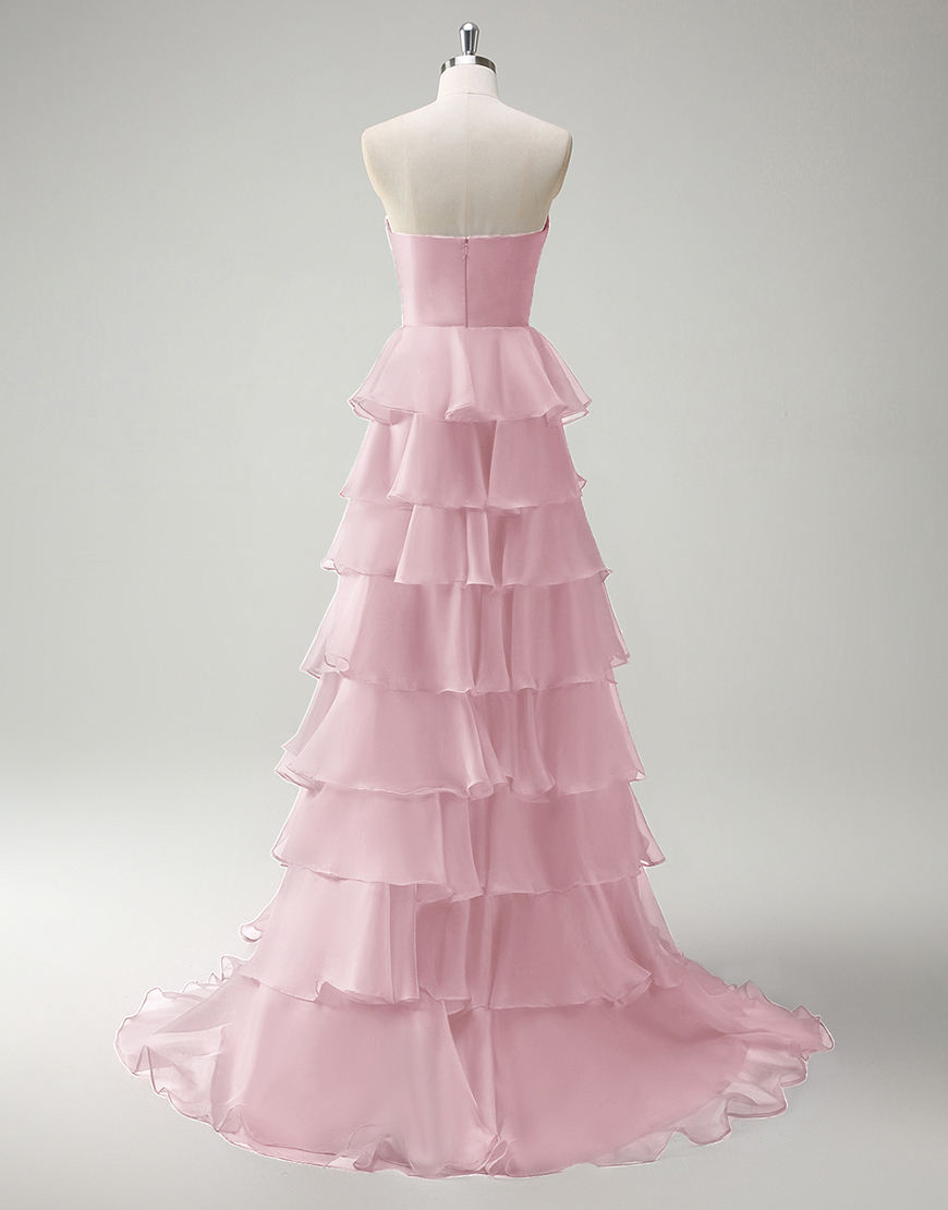 Berlinnova Women Grey Pink Long Prom Dress A-Line Strapless Flower Ruffles Pageant Dress with Slit