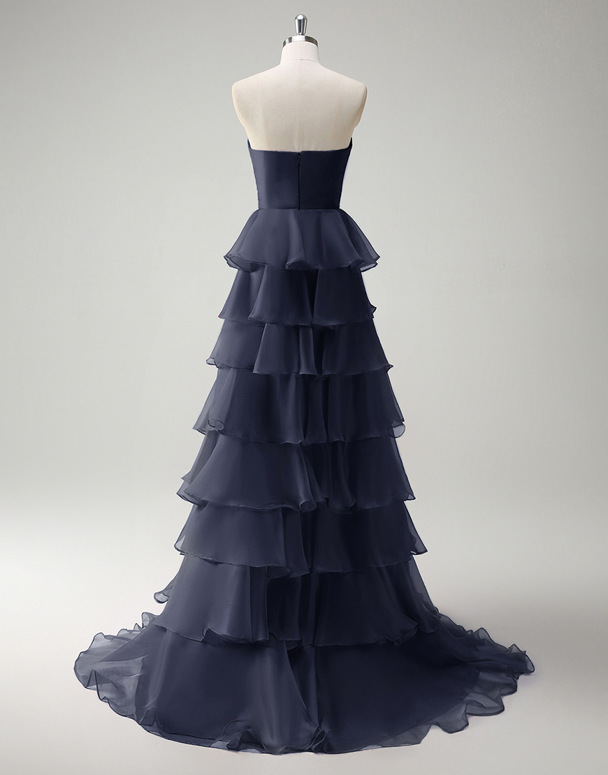 Berlinnova Women Navy Long Prom Dress A-Line Strapless Flower Ruffles Pageant Dress with Slit