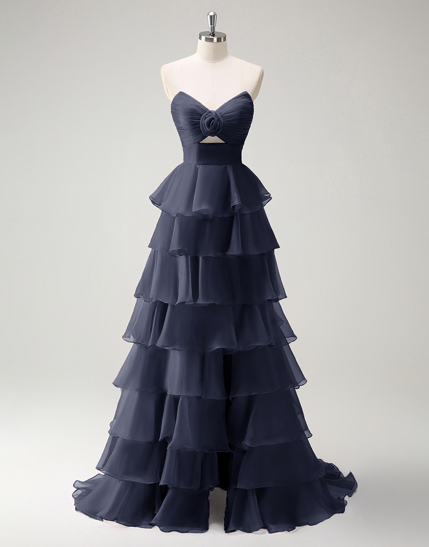 Berlinnova Women Navy Long Prom Dress A-Line Strapless Flower Ruffles Pageant Dress with Slit