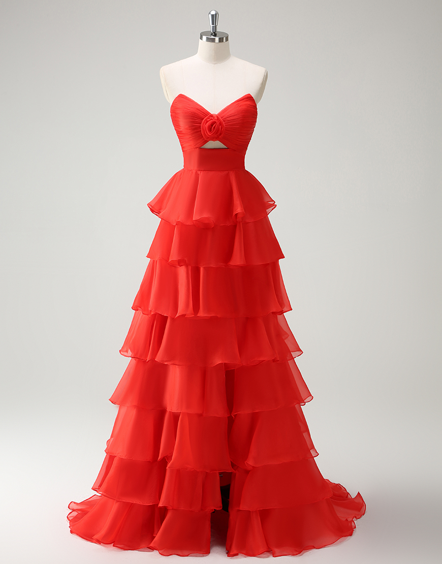 Berlinnova Women Orange Long Prom Dress A-Line Strapless Flower Ruffles Pageant Dress with Slit