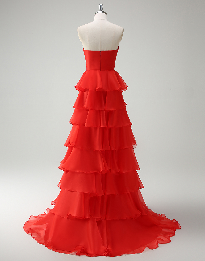 Berlinnova Women Orange Long Prom Dress A-Line Strapless Flower Ruffles Pageant Dress with Slit