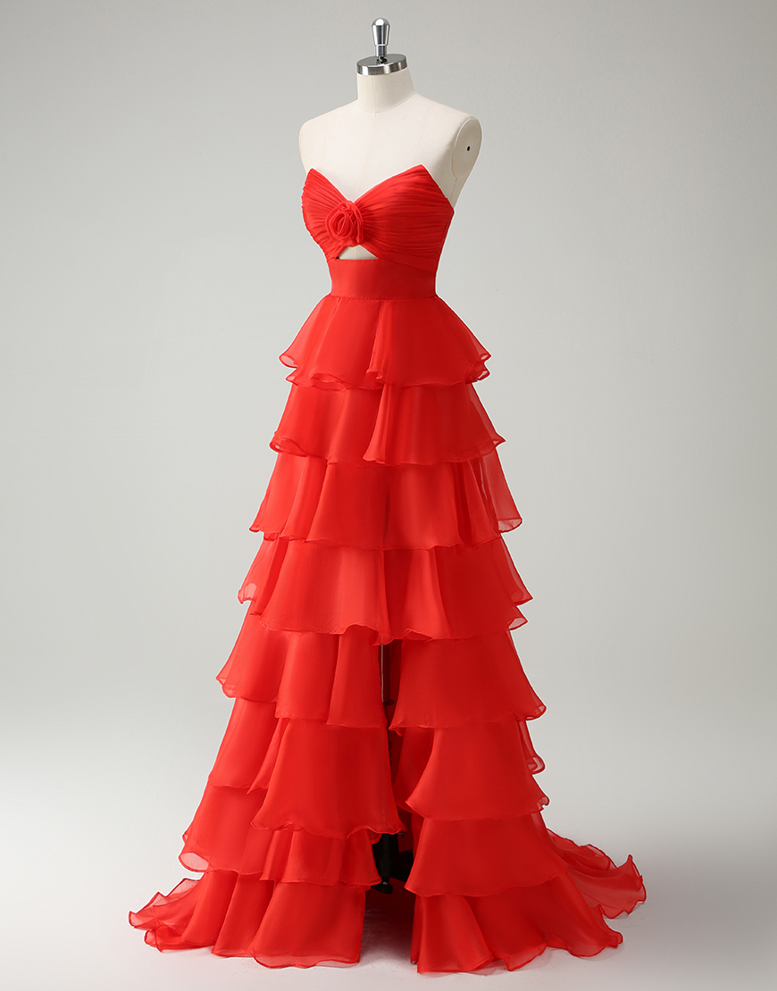 Berlinnova Women Orange Long Prom Dress A-Line Strapless Flower Ruffles Pageant Dress with Slit