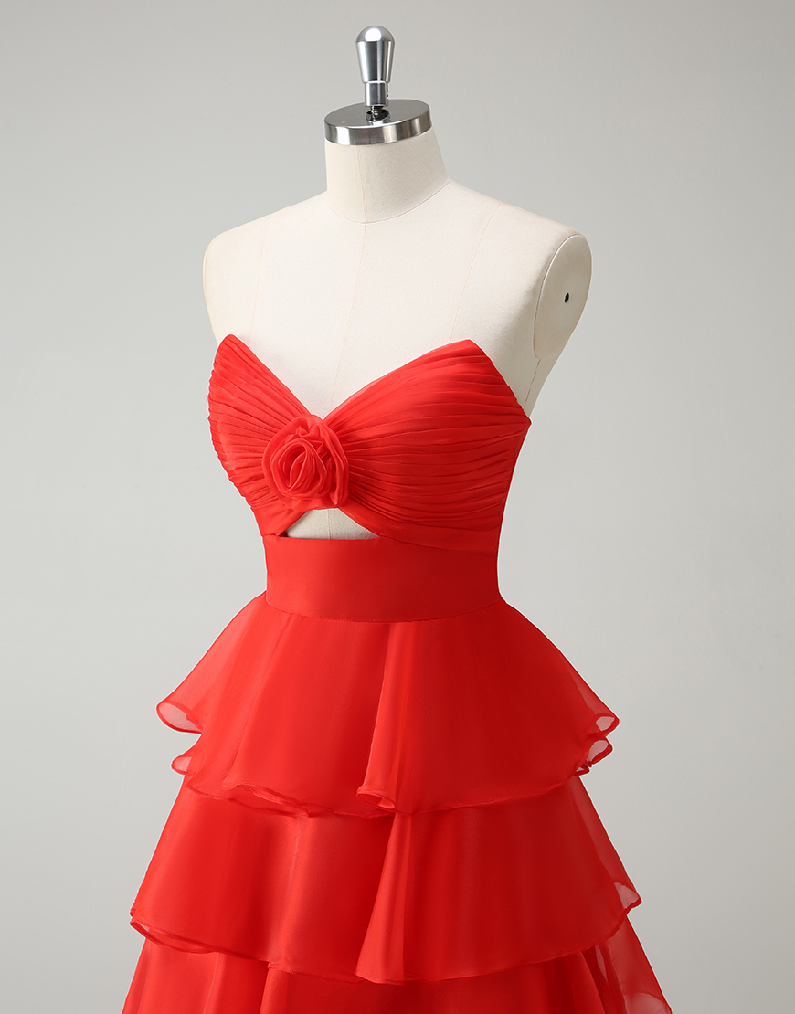 Berlinnova Women Orange Long Prom Dress A-Line Strapless Flower Ruffles Pageant Dress with Slit