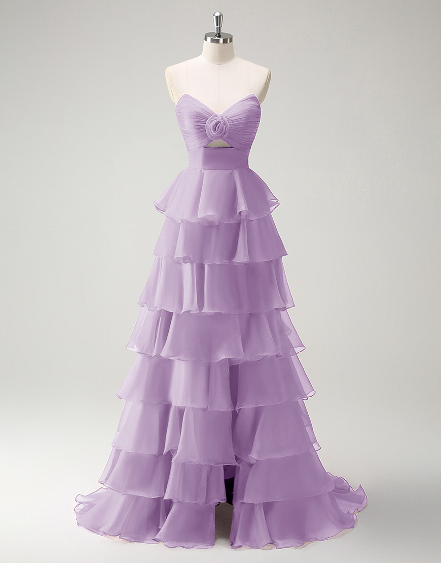 Berlinnova Women Purple Long Prom Dress A-Line Strapless Flower Ruffles Pageant Dress with Slit