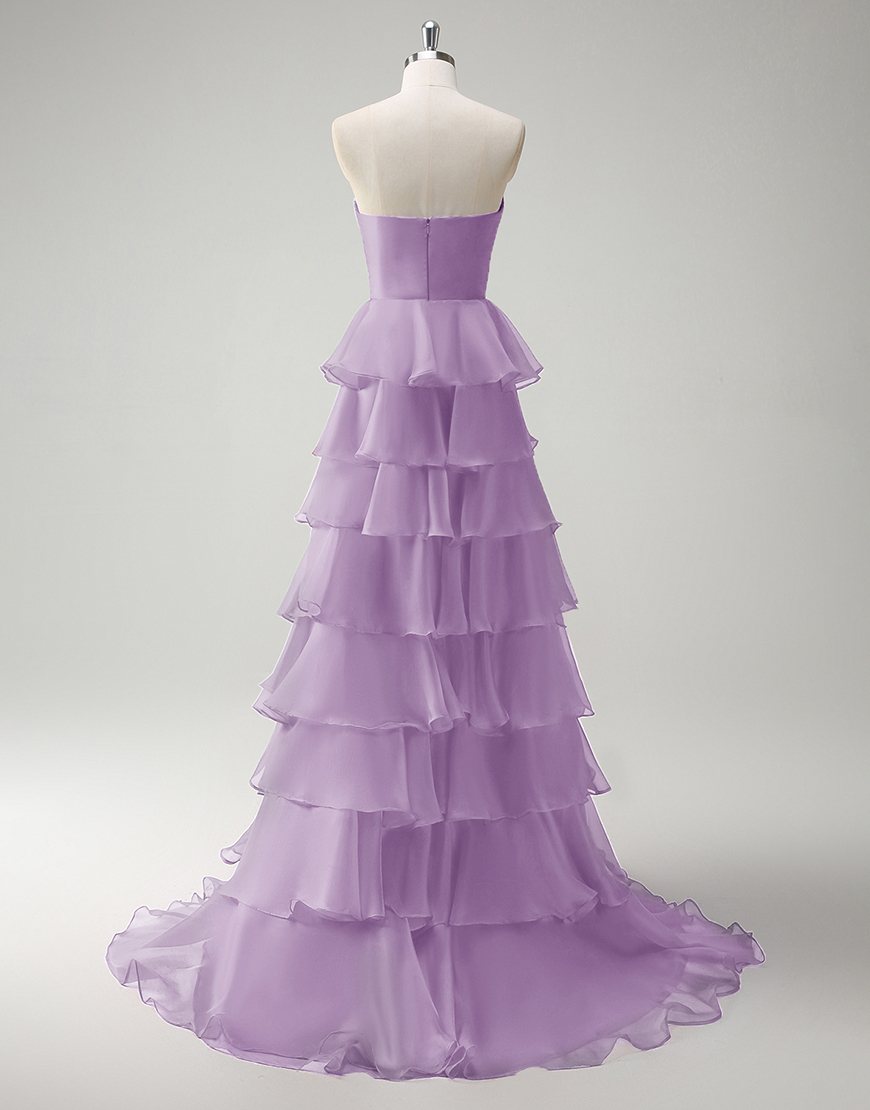 Berlinnova Women Purple Long Prom Dress A-Line Strapless Flower Ruffles Pageant Dress with Slit