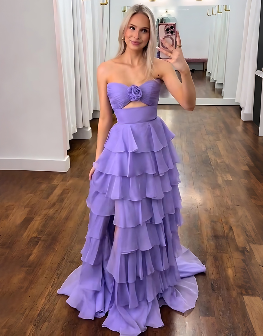 Black A-Line Strapless Flowers Ruffles Chiffon Long Prom Dress with Slit 