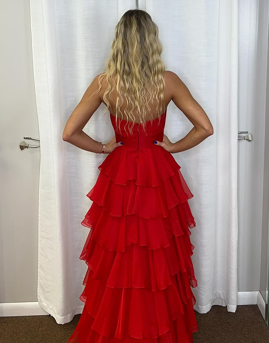 Berlinnova Women Red Long Prom Dress A-Line Strapless Flower Ruffles Pageant Dress with Slit