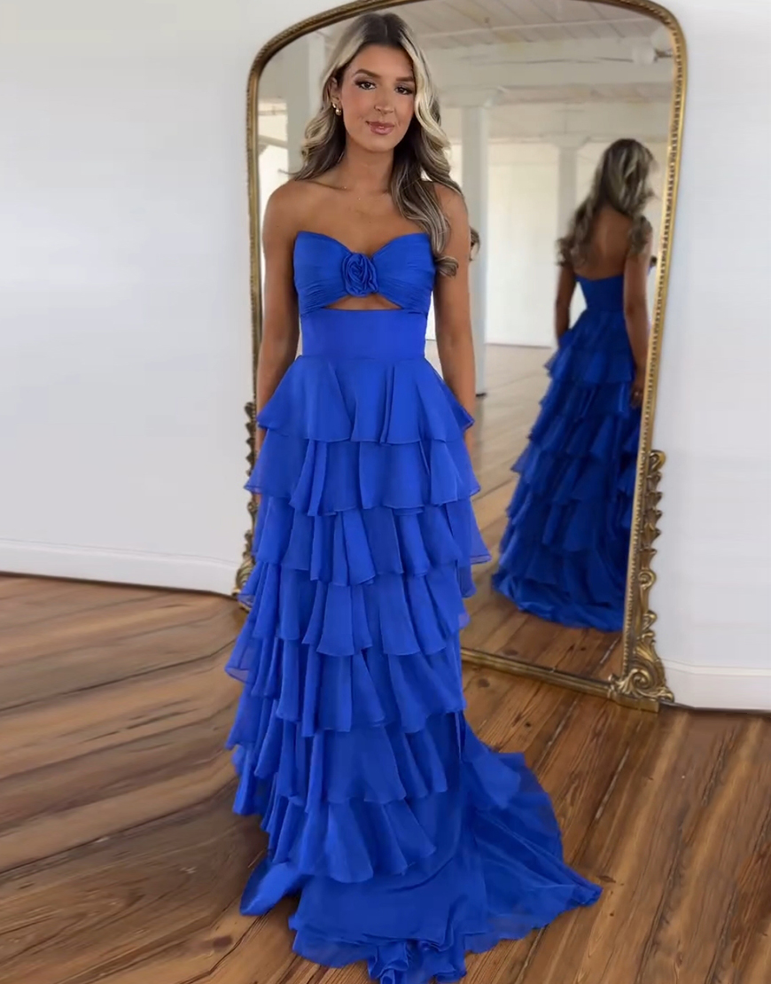Berlinnova Women Royal Blue Long Prom Dress A-Line Strapless Flower Ruffles Pageant Dress with Slit