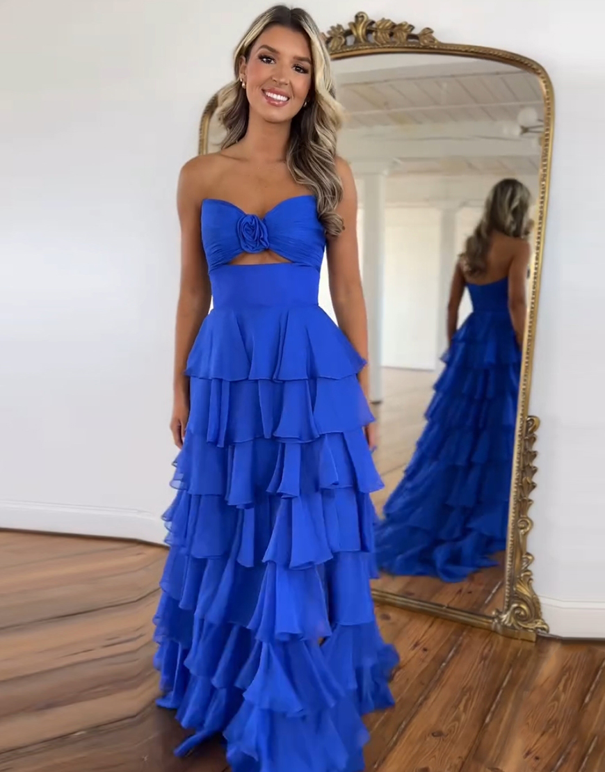 Berlinnova Women Royal Blue Long Prom Dress A-Line Strapless Flower Ruffles Pageant Dress with Slit