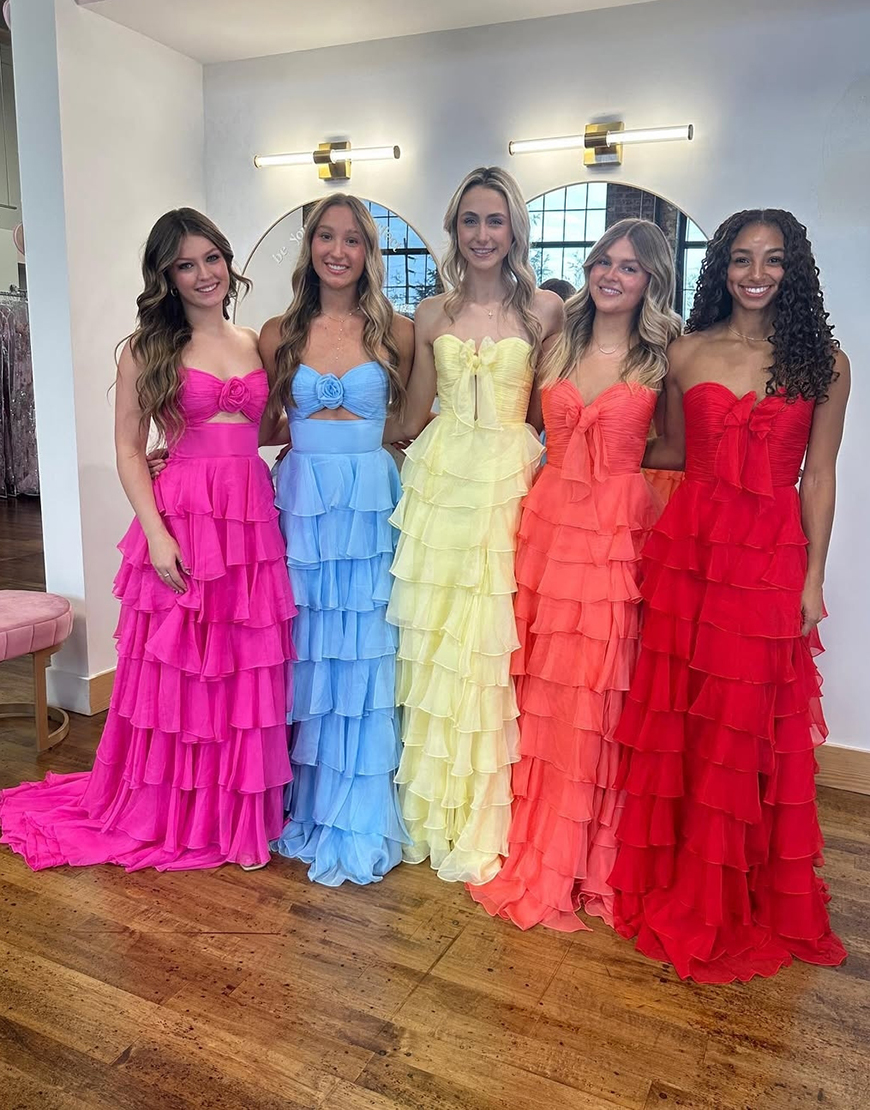 Black A-Line Strapless Flowers Ruffles Chiffon Long Prom Dress with Slit 